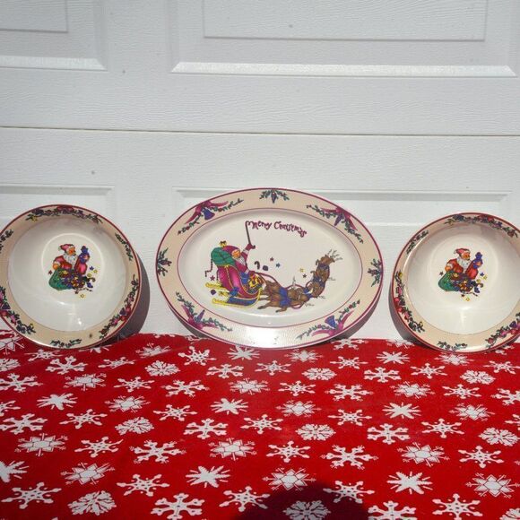 Merry Christmas Oval Platter and 2 Matching Serving Bowls - Picture 1 of 4